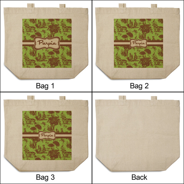 Green & Brown Toile 3 Reusable Cotton Grocery Bags - Front & Back View