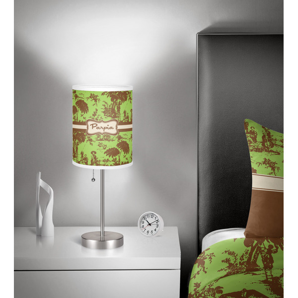 Green & Brown Toile 7 inch drum lamp shade - in room