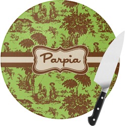 Green & Brown Toile Round Glass Cutting Board - Small (Personalized)