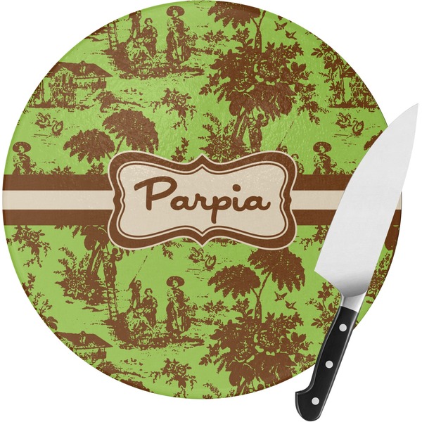 Custom Green & Brown Toile Round Glass Cutting Board - Small (Personalized)