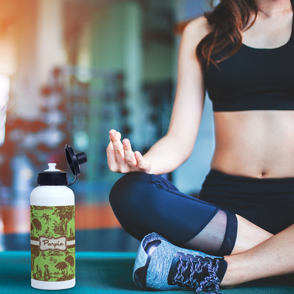 Green & Brown Toile Aluminum Water Bottle - White LIFESTYLE