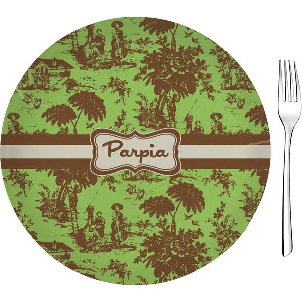 Custom Green & Brown Toile 8" Glass Appetizer / Dessert Plates - Single or Set (Personalized)