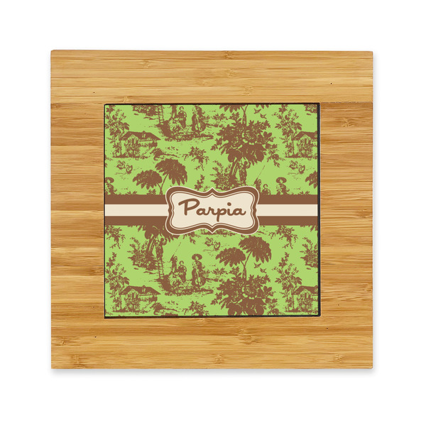 Custom Green & Brown Toile Bamboo Trivet with Ceramic Tile Insert (Personalized)