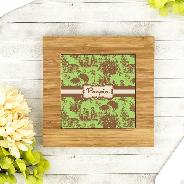 Green & Brown Toile Bamboo Trivet with 6" Tile - LIFESTYLE