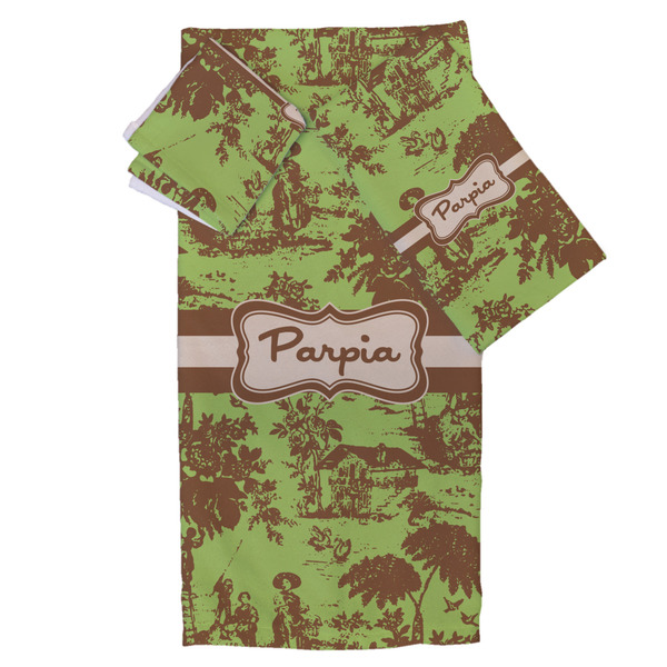 Custom Green & Brown Toile Bath Towel Set - 3 Pcs (Personalized)