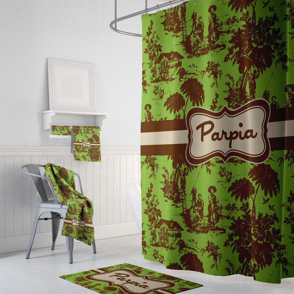 Green & Brown Toile Bath Towel Sets - 3-piece - In Context