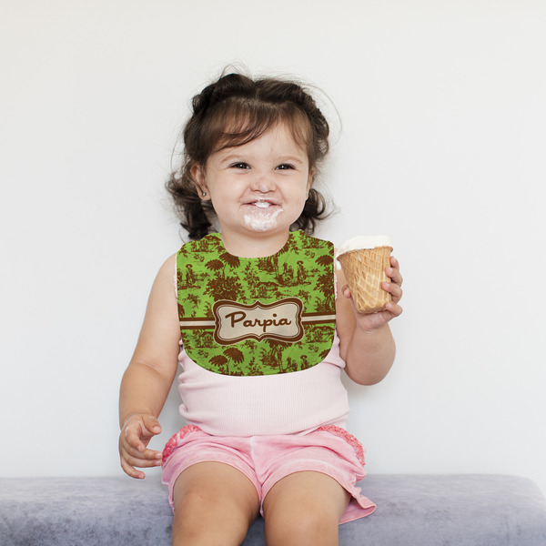 Green & Brown Toile Bib Lifestyle Girl