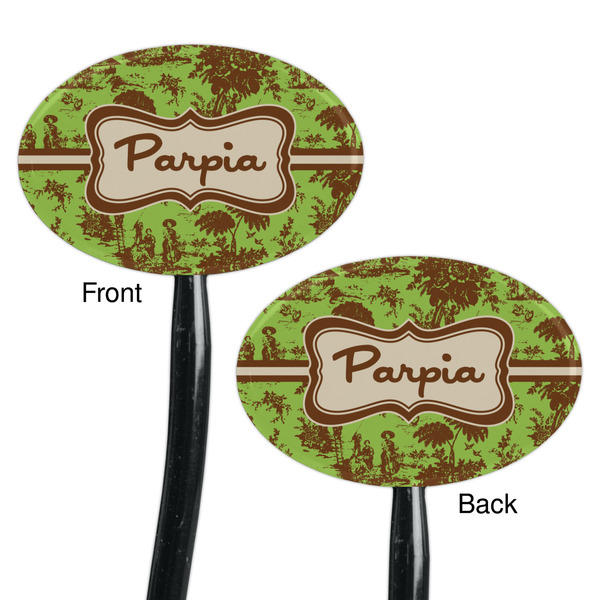 Green & Brown Toile Black Plastic 7" Stir Stick - Double Sided - Oval - Front & Back