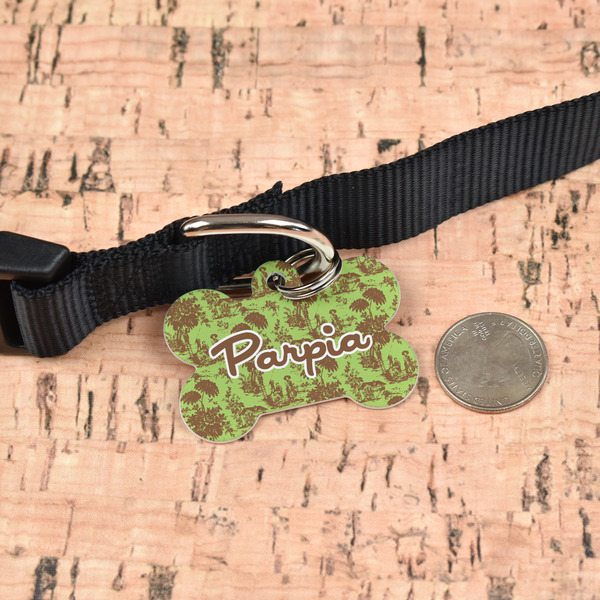Green & Brown Toile Bone Shaped Dog ID Tag - Large - In Context