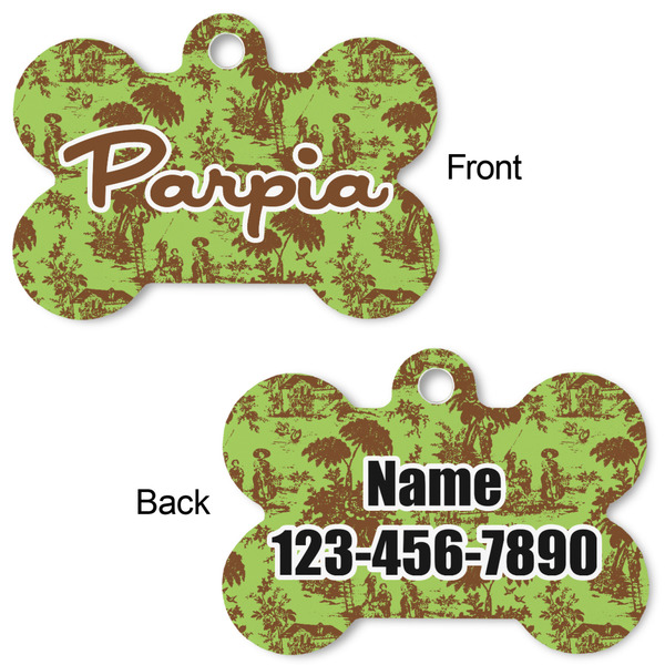 Green & Brown Toile Bone Shaped Dog Tag - Front & Back