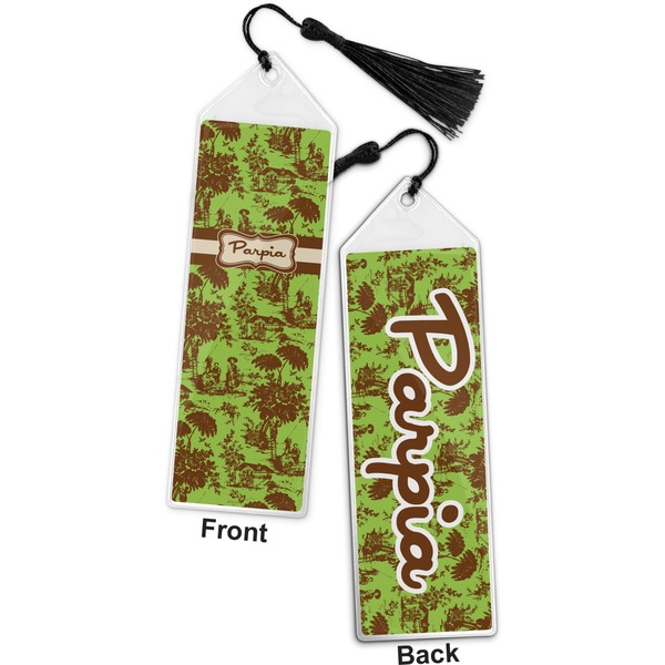 Green & Brown Toile Bookmark with tassel - Front and Back