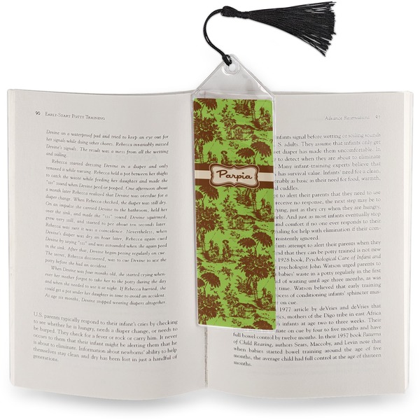 Green & Brown Toile Bookmark with tassel - In book