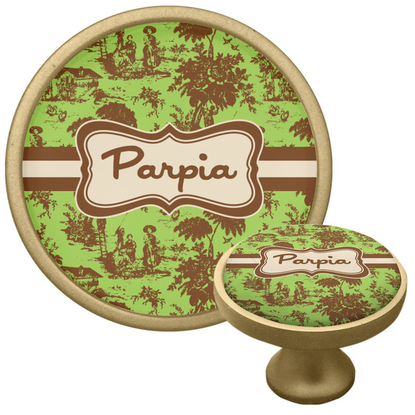 Custom Green & Brown Toile Cabinet Knob - Gold (Personalized)