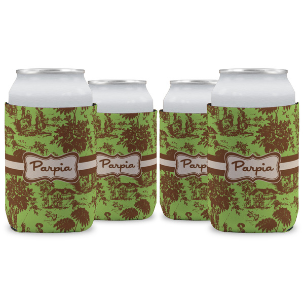Custom Green & Brown Toile Can Cooler (12 oz) - Set of 4 w/ Name or Text