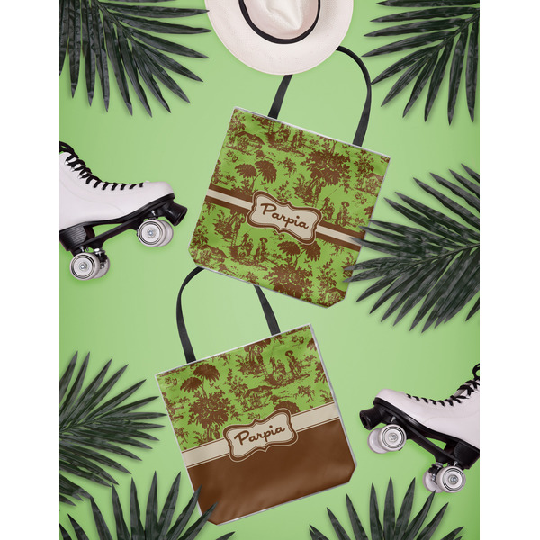 Green & Brown Toile Canvas Tote Lifestyle Front and Back- 13x13