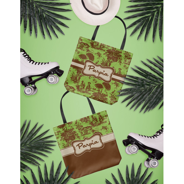 Green & Brown Toile Canvas Tote Lifestyle Front and Back