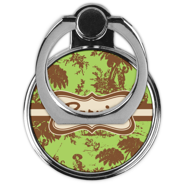 Green & Brown Toile Cell Phone Ring Stand & Holder - Front (Collapsed)
