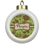 Green & Brown Toile Ceramic Ball Ornament (Personalized)