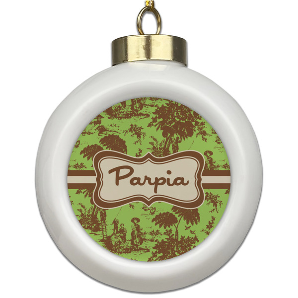 Custom Green & Brown Toile Ceramic Ball Ornament (Personalized)