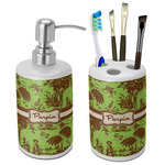 Green & Brown Toile Ceramic Bathroom Accessories Set (Personalized)