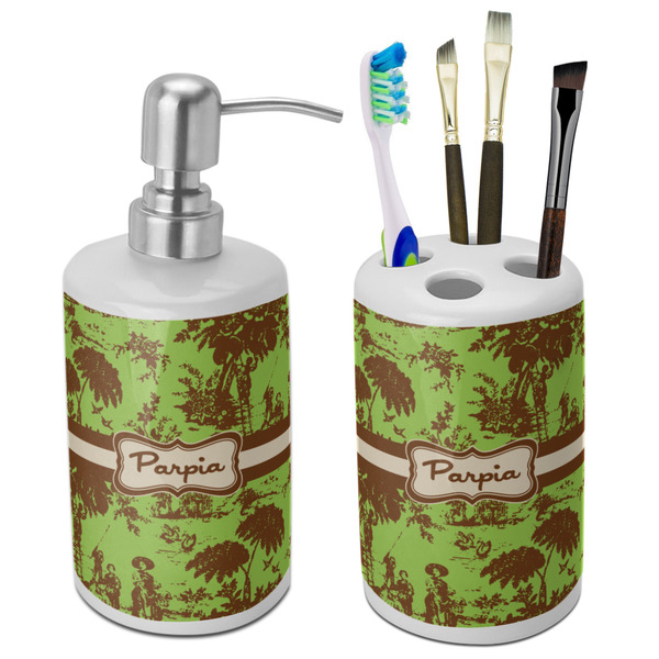 Custom Green & Brown Toile Ceramic Bathroom Accessories Set (Personalized)