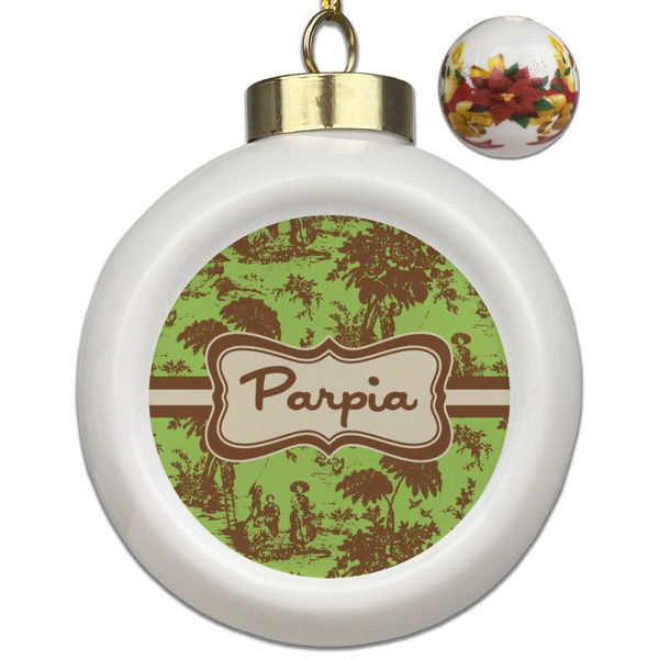 Custom Green & Brown Toile Ceramic Ball Ornaments - Poinsettia Garland (Personalized)