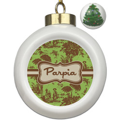 Green & Brown Toile Ceramic Ball Ornament - Christmas Tree (Personalized)