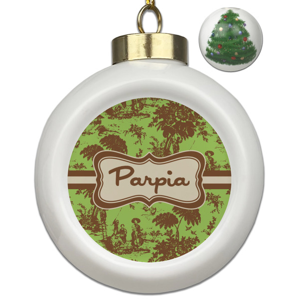 Custom Green & Brown Toile Ceramic Ball Ornament - Christmas Tree (Personalized)