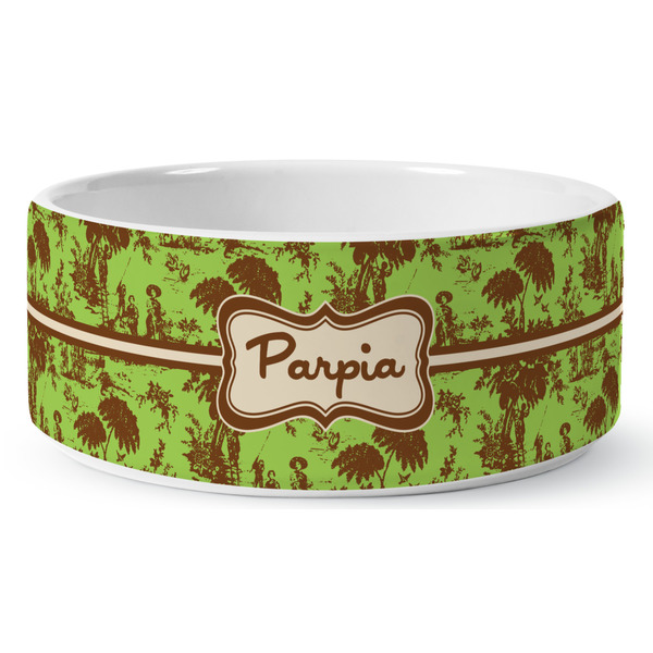 Green & Brown Toile Ceramic Dog Bowl - Medium - Front