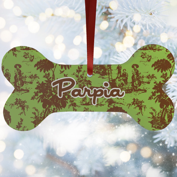 Custom Green & Brown Toile Ceramic Dog Ornament w/ Name or Text