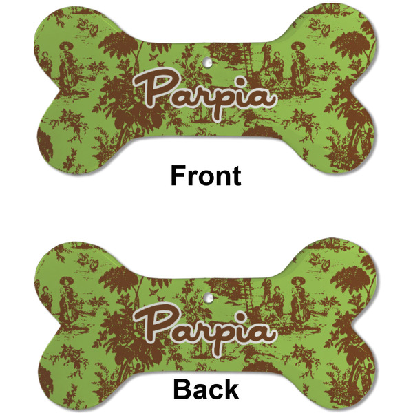 Green & Brown Toile Ceramic Flat Ornament - Bone Front & Back (APPROVAL)