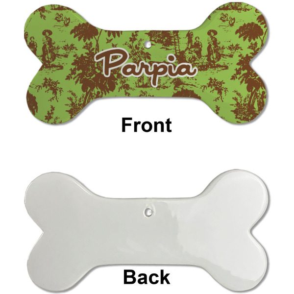 Green & Brown Toile Ceramic Flat Ornament - Bone Front & Back Single Print (APPROVAL)