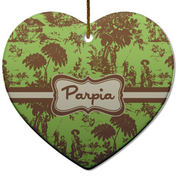 Green & Brown Toile Heart Ceramic Ornament w/ Name or Text