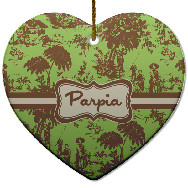 Green & Brown Toile Ceramic Flat Ornament - Heart (Front)