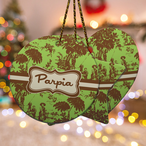 Custom Green & Brown Toile Ceramic Ornament w/ Name or Text