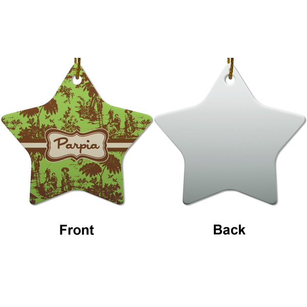 Green & Brown Toile Ceramic Flat Ornament - Star Front & Back (APPROVAL)