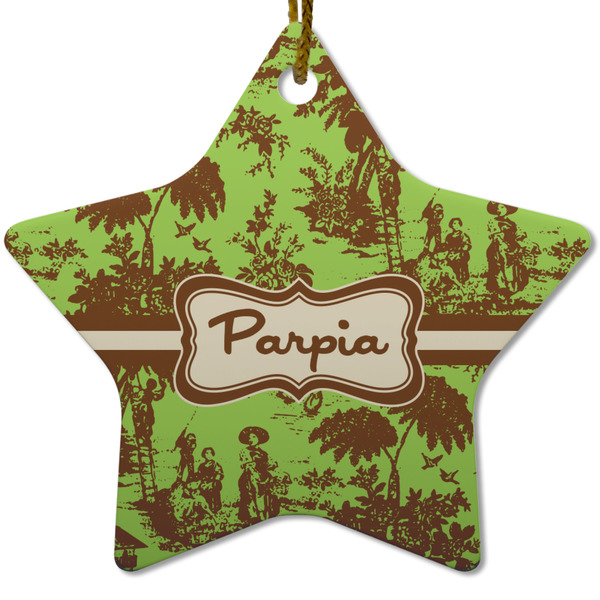 Custom Green & Brown Toile Star Ceramic Ornament w/ Name or Text