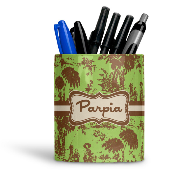 Custom Green & Brown Toile Ceramic Pen Holder