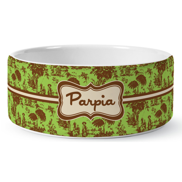 Custom Green & Brown Toile Ceramic Dog Bowl (Personalized)