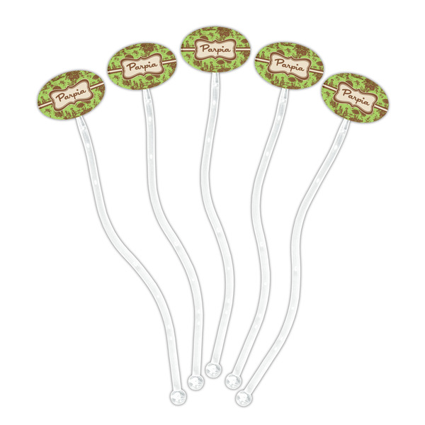 Green & Brown Toile Clear Plastic 7" Stir Stick - Oval - Fan