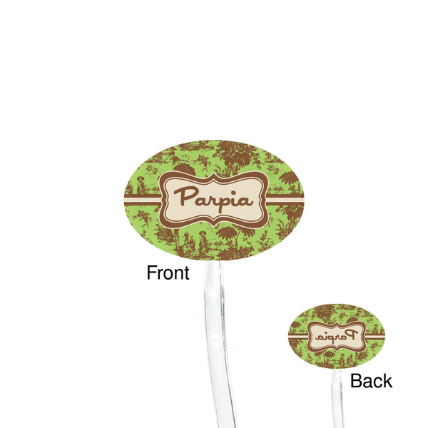 Green & Brown Toile Clear Plastic 7" Stir Stick - Oval - Front & Back