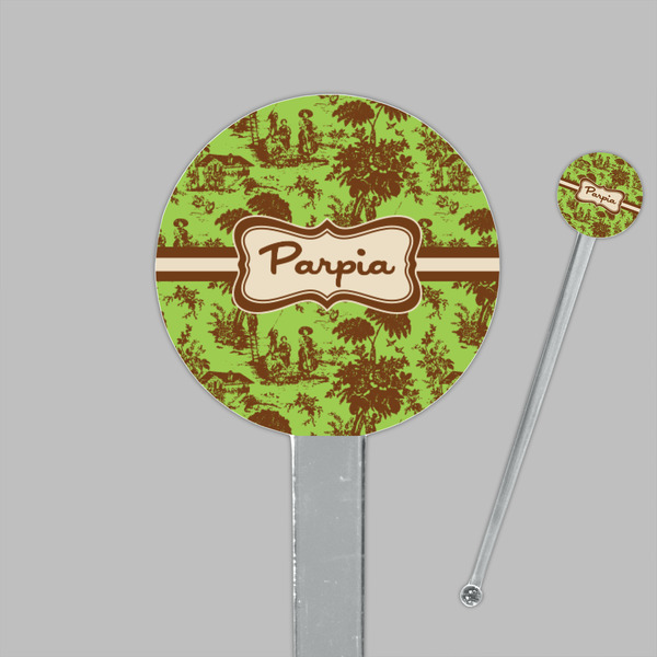 Green & Brown Toile Clear Plastic 7" Stir Stick - Round - Closeup