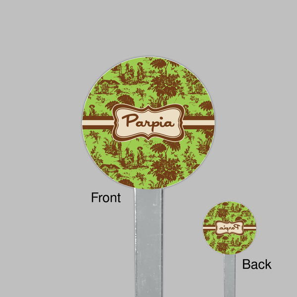 Green & Brown Toile Clear Plastic 7" Stir Stick - Round - Front & Back