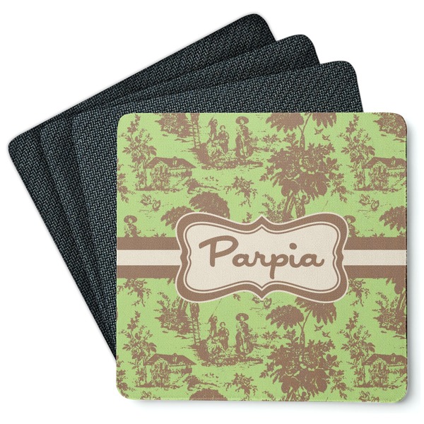 Custom Green & Brown Toile Square Rubber Backed Coasters - Set of 4 (Personalized)