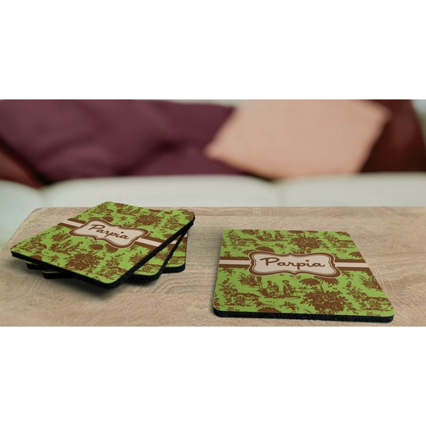 Green & Brown Toile Coaster Rubber Back - On Coffee Table