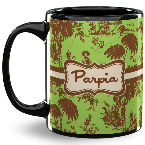 Custom Green & Brown Toile 11 Oz Coffee Mug - Black (Personalized)