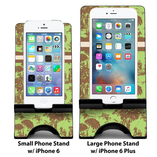 Green & Brown Toile Compare Phone Stand Sizes - with iPhones