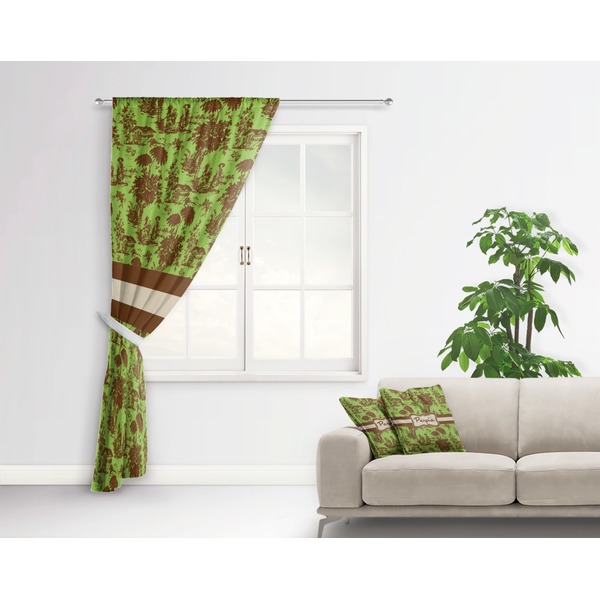 Green & Brown Toile Curtain With Window and Rod - in Room Matching Pillow