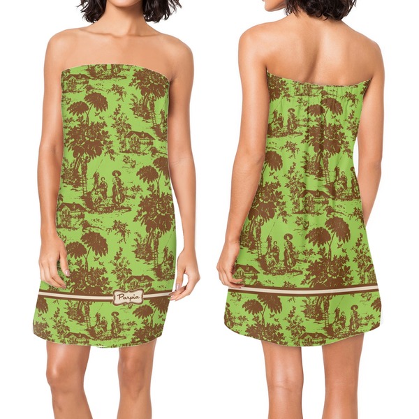 Green & Brown Toile Custom Bath Wrap - Front & Back View