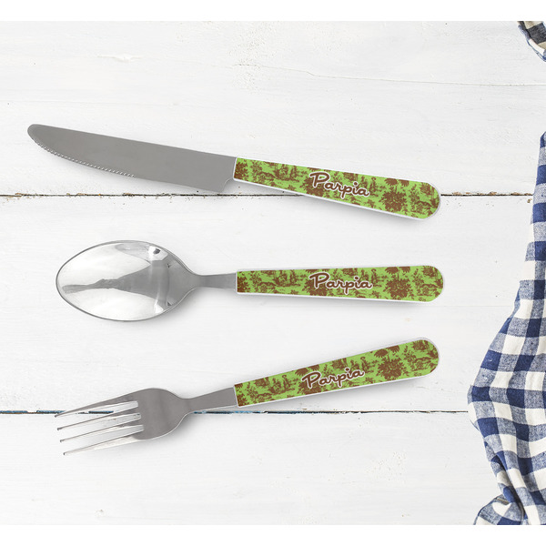 Green & Brown Toile Cutlery Set - w/ PLATE